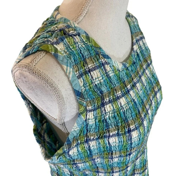 Basic Editions Seersucker Cropped Top XL 90s Plaid Pattern Sleeveless Blue Green - Picture 6 of 8